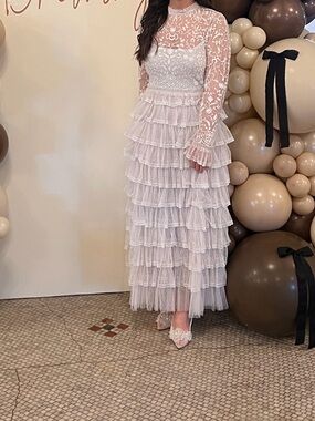 Mac Duggal Ivory Lace Ruffle Dress with Sheer Overlay